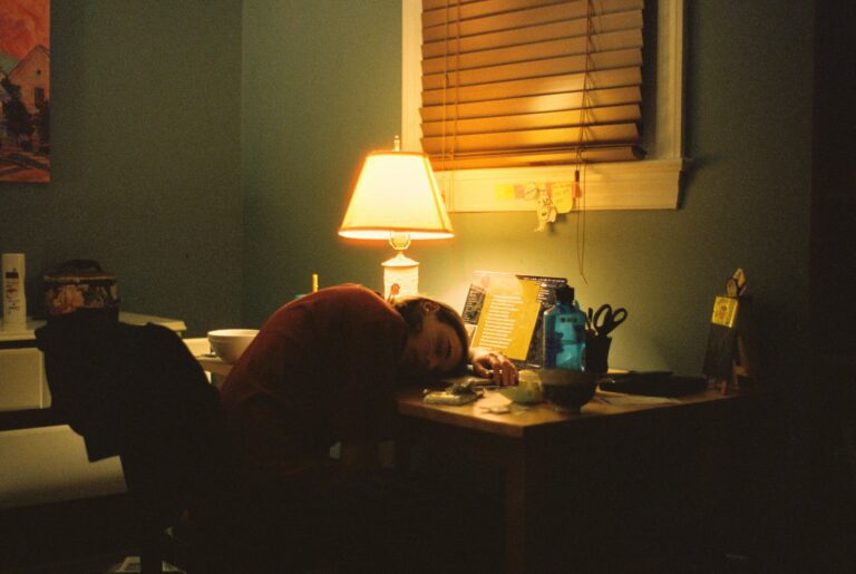Cozy home office scene with a person studying at a desk under warm lamp light.